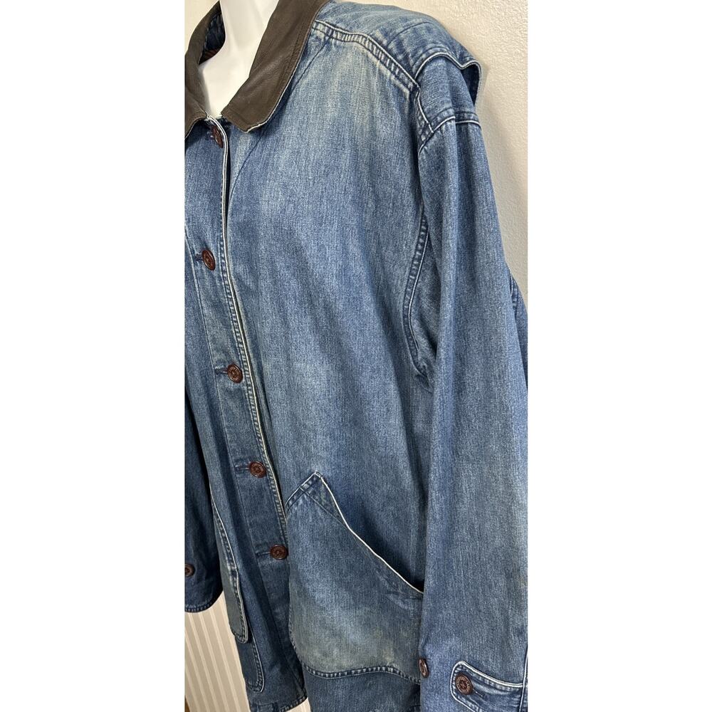 Vintage Lands End Denim Chore Barn Coat Womens XL Leather Collar Jacket Lined - Picture 2 of 10